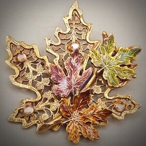 Vintage Kenneth Cole Brooch Jeweled Colored Enamel Leaves Stones Pin Gold Tone